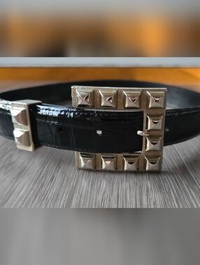 Vintage Sandy Duftler Black Patent Croc Belt Pyramid Stud Buckle XS USA